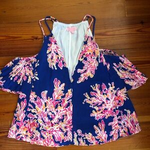 Lilly Pulitzer XS blue and pink coral print cold shoulder top blouse